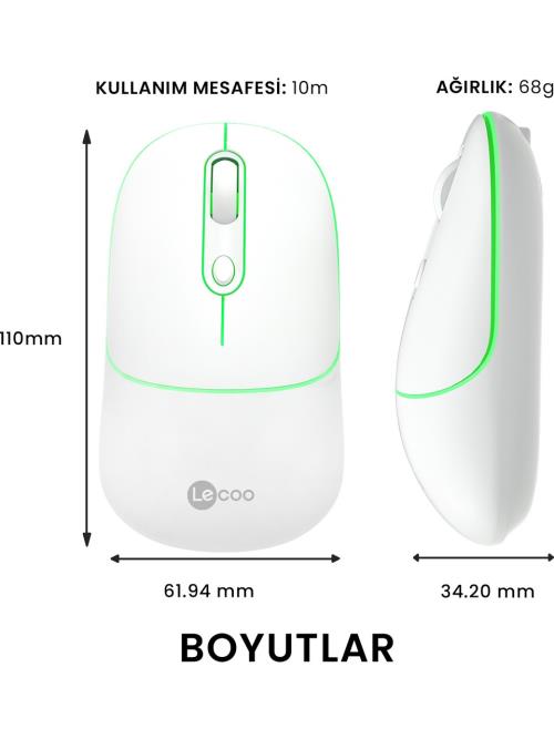 Lenovo Lecoo WS210 Bluetooth & 2.4G WiFi Kablosuz Şarjlı MOUSE BEYAZ - Mouse ürünleri tekmarshop.com'da